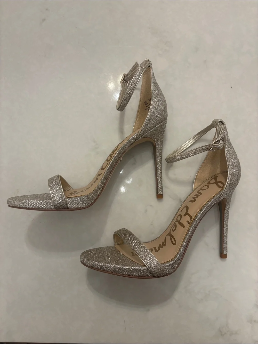 Sam Edelman Silver Glitter Ankle-Strap Stiletto heels